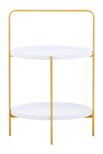 Orsina Trosa Two-Tier Side Table – White Shelves with Gold Iron Stand