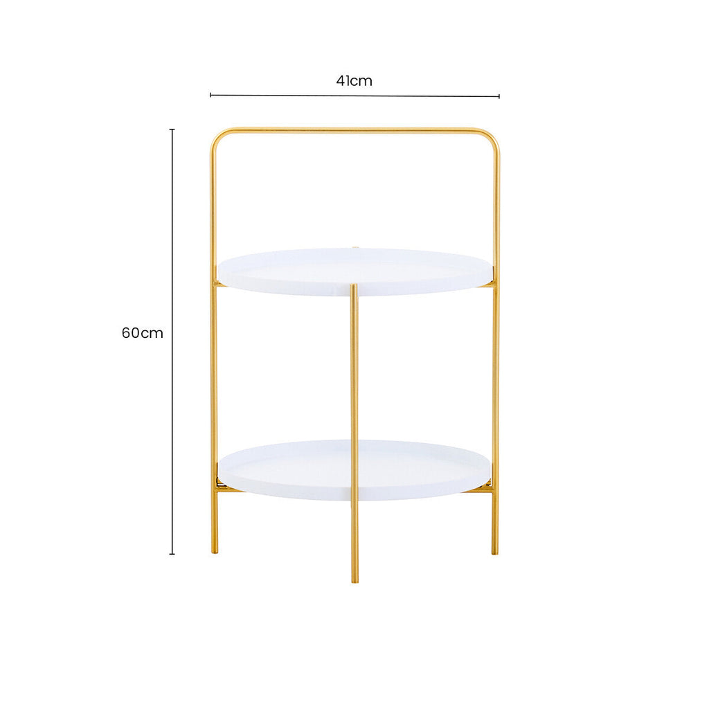 Orsina Trosa Two-Tier Side Table – White Shelves with Gold Iron Stand