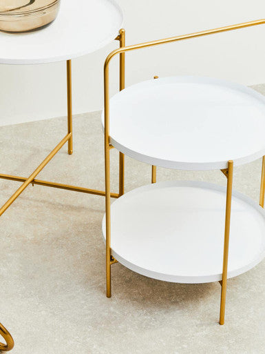 Orsina Trosa Two-Tier Side Table – White Shelves with Gold Iron Stand