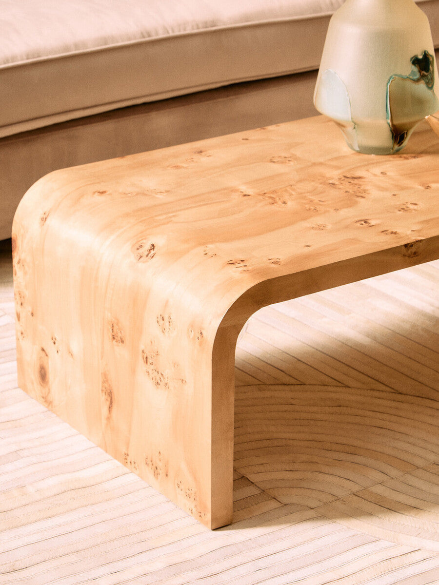 Orsina Mota Natural Burl Wood Curved Coffee Table – Japandi Style