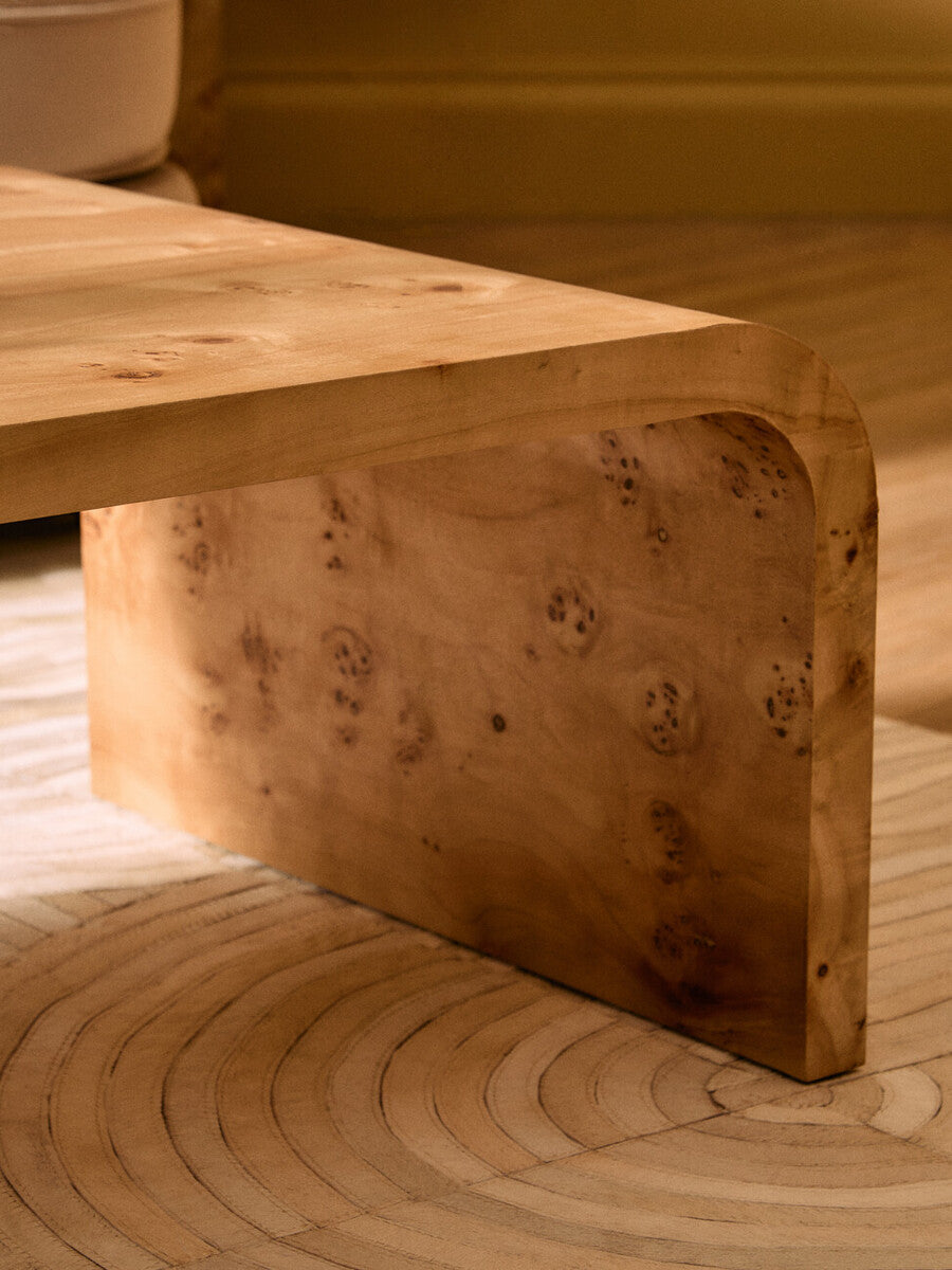 Orsina Mota Natural Burl Wood Curved Coffee Table – Japandi Style