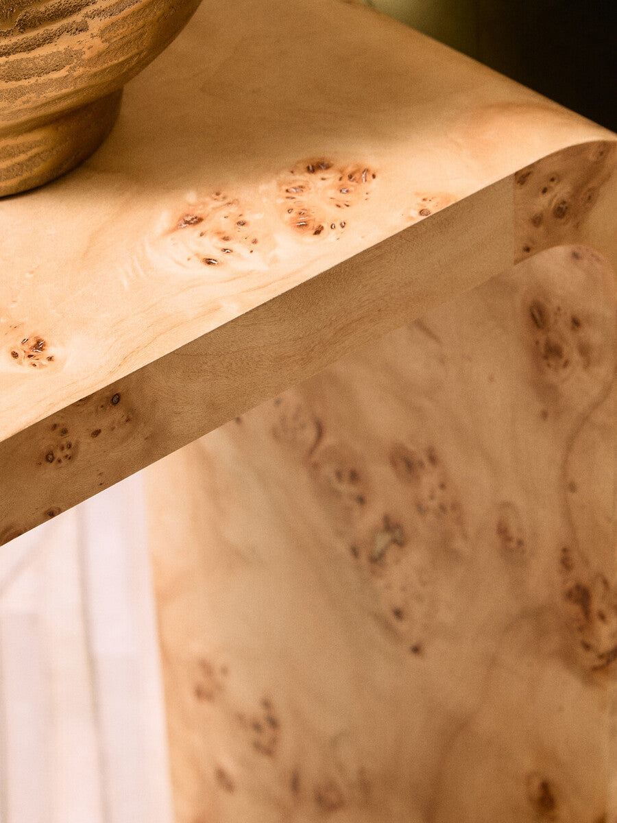 Orsina Mota Burl Wood Curved Side Table – Natural Modern End Table