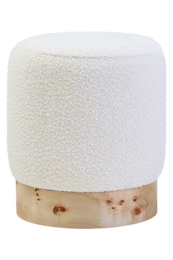 Orsina Mota Round Stool – Burl Wood and Cream Boucle Ottoman