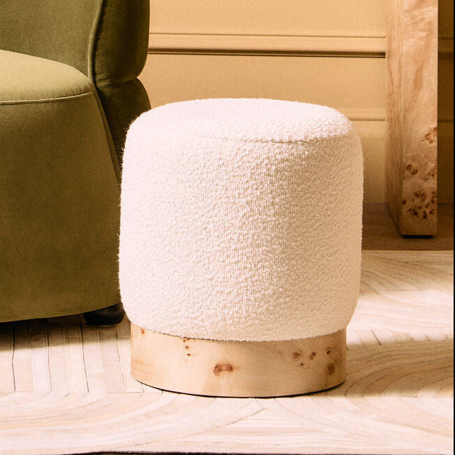 Orsina Mota Round Stool – Burl Wood and Cream Boucle Ottoman