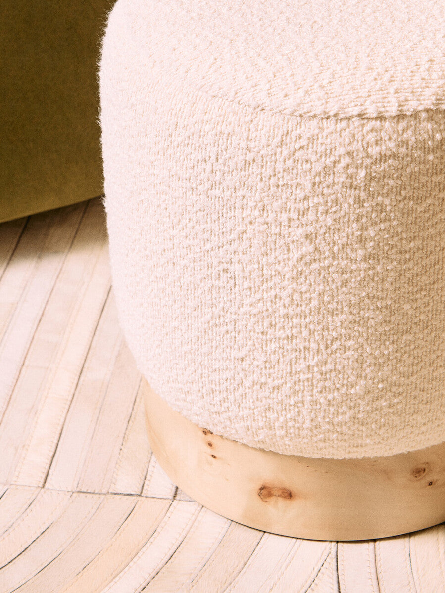 Orsina Mota Round Stool – Burl Wood and Cream Boucle Ottoman