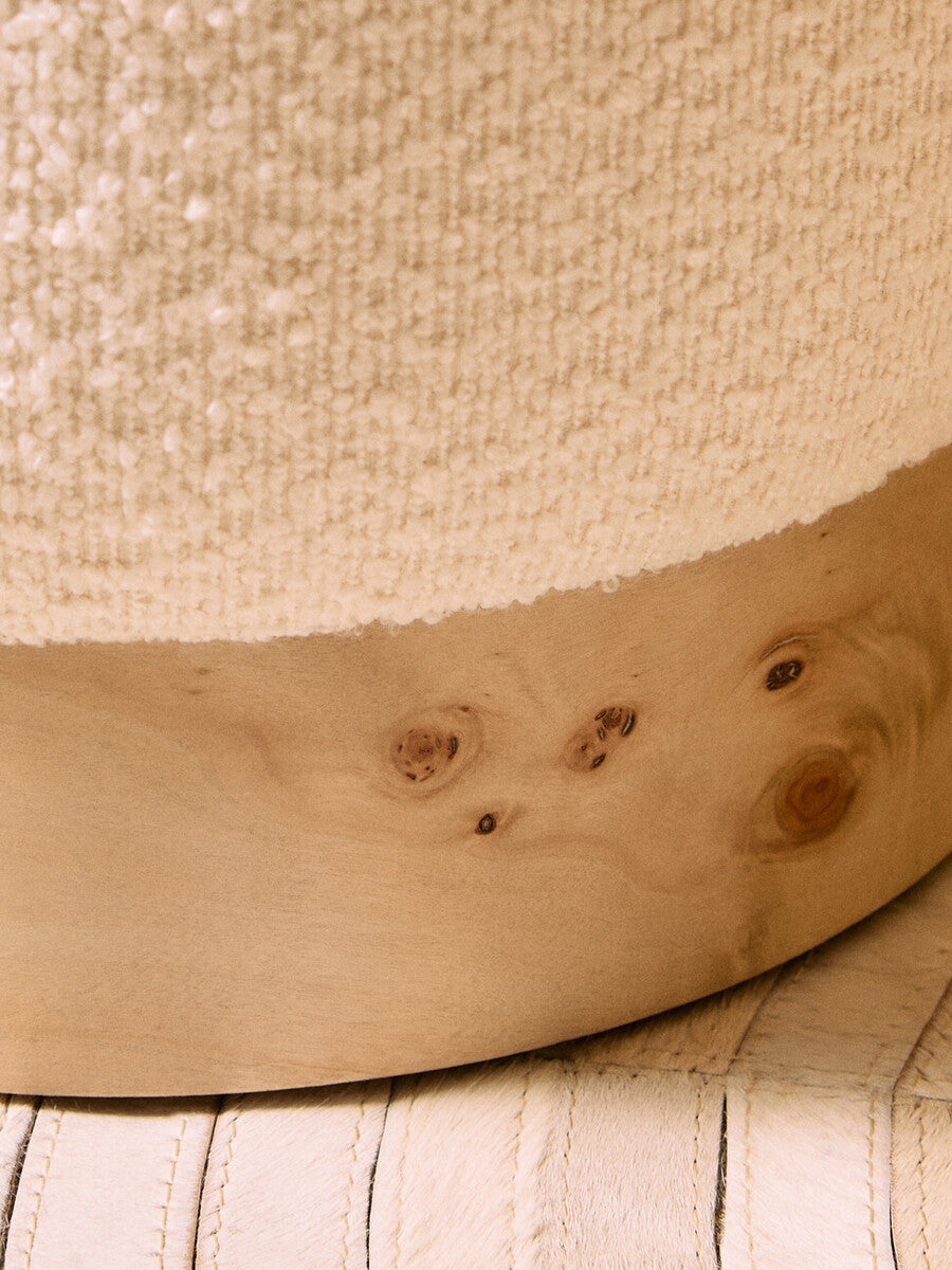 Orsina Mota Round Stool – Burl Wood and Cream Boucle Ottoman
