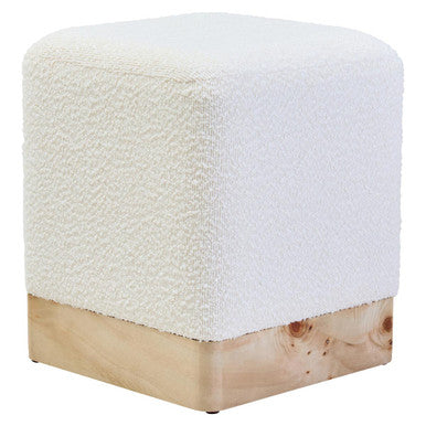 Orsina Mota Square Stool – Cream Boucle and Burl Wood Accent Ottoman