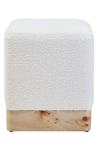 Orsina Mota Square Stool – Cream Boucle and Burl Wood Accent Ottoman