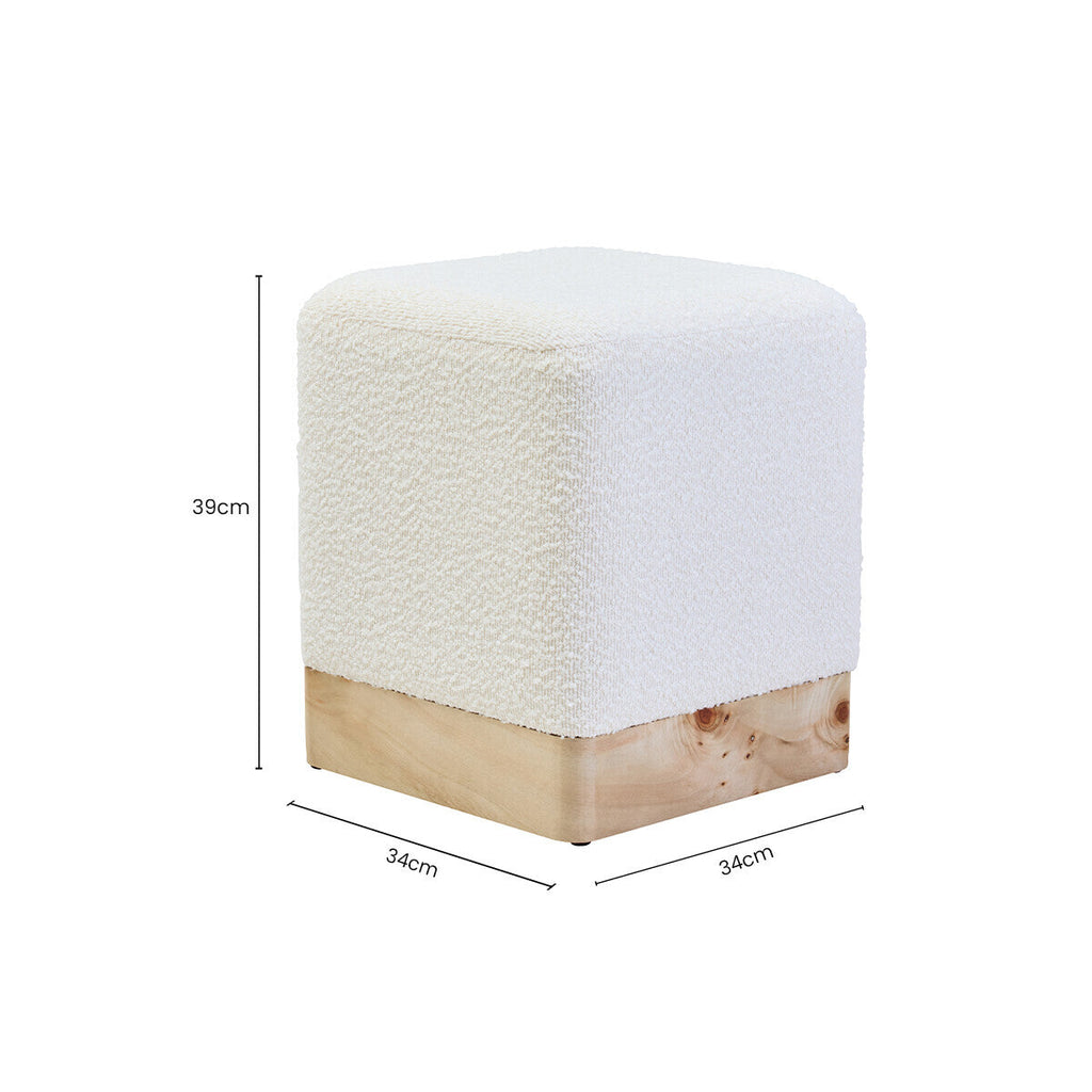 Orsina Mota Square Stool – Cream Boucle and Burl Wood Accent Ottoman