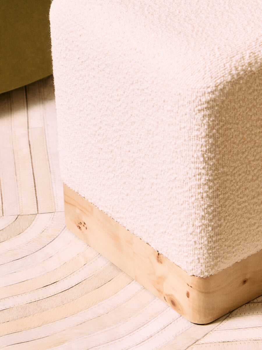 Orsina Mota Square Stool – Cream Boucle and Burl Wood Accent Ottoman