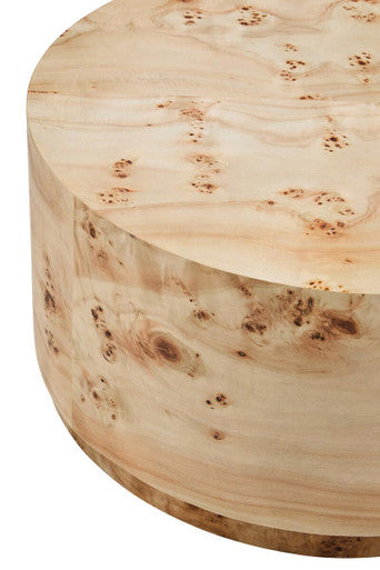 Orsina Mota Round Burl Wood Coffee Table – Drum Shape Design