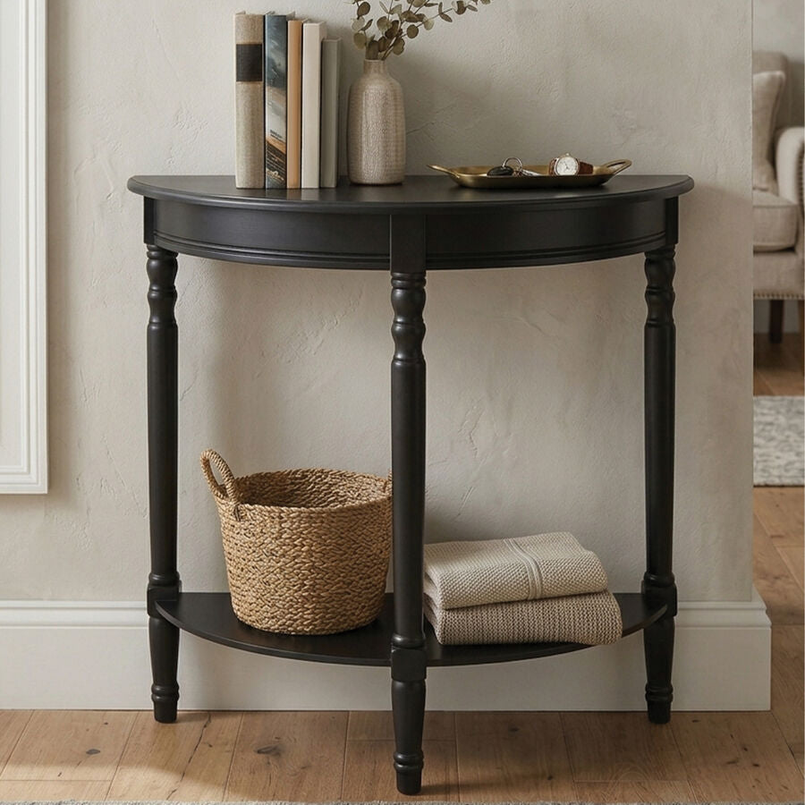 Orsina Heritage Black Pine Wood Half Moon Console Table with Shelf