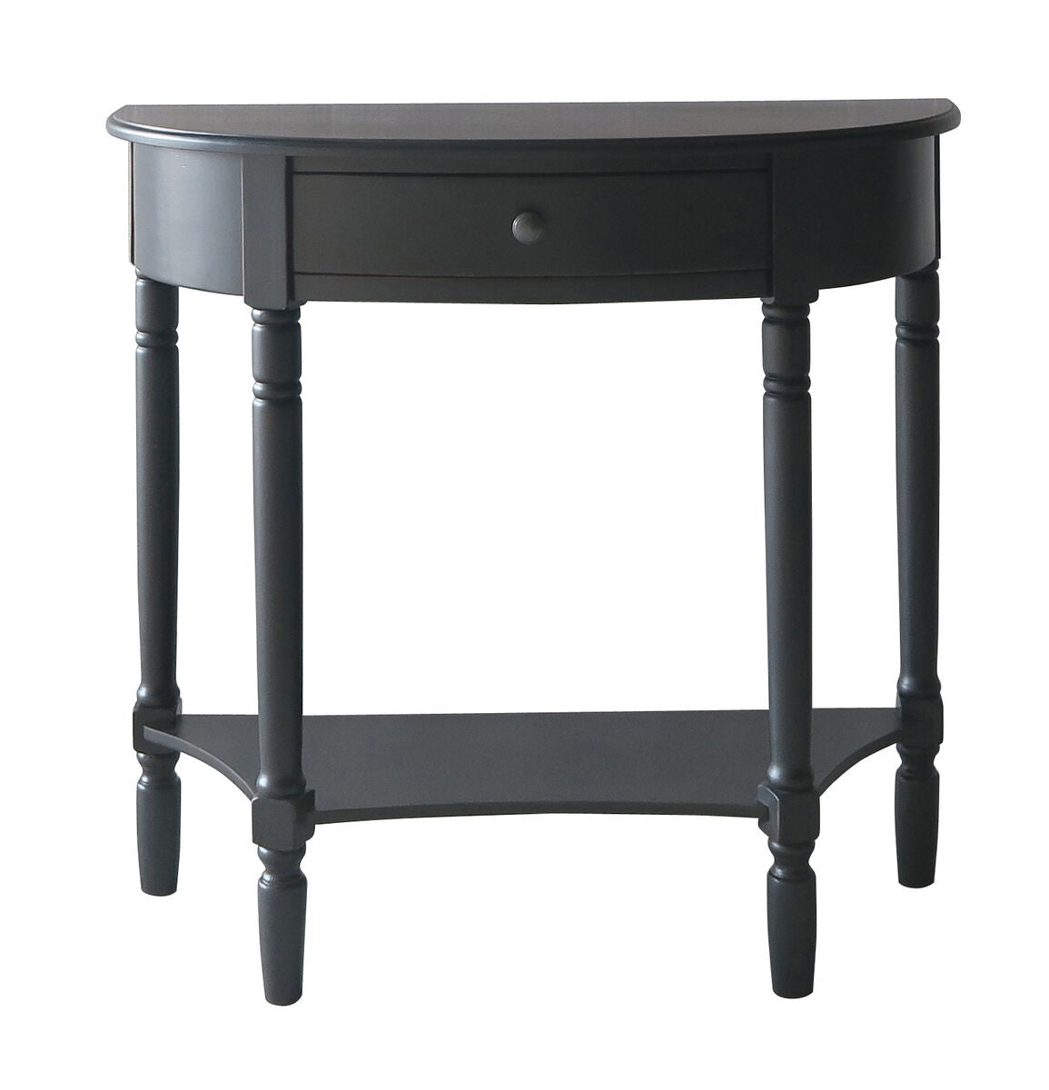 Orsina Half Moon Console Table – Black Pine Wood with Drawer & Shelf