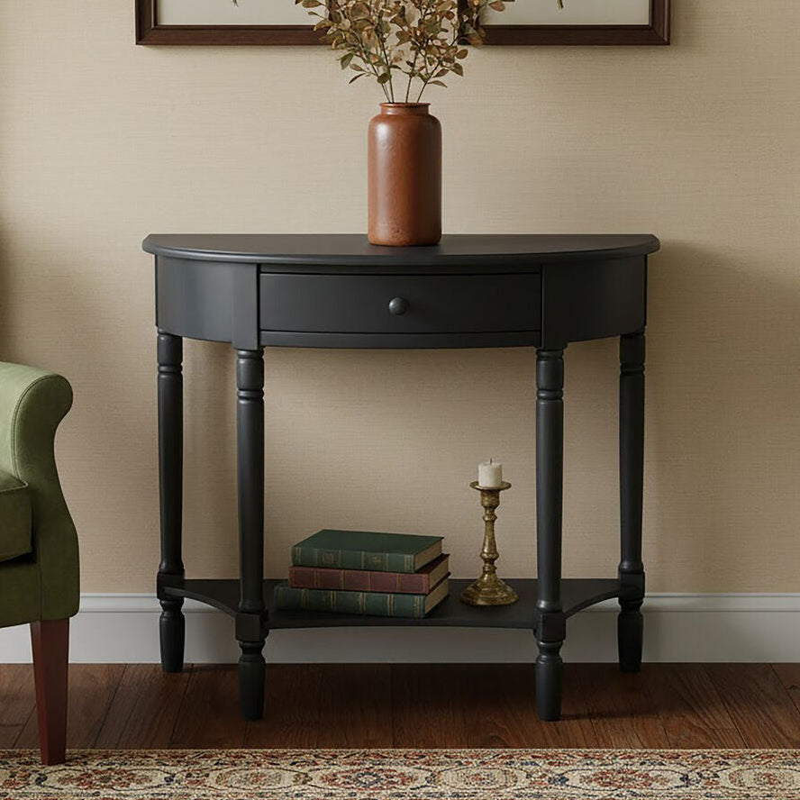 Orsina Half Moon Console Table – Black Pine Wood with Drawer & Shelf