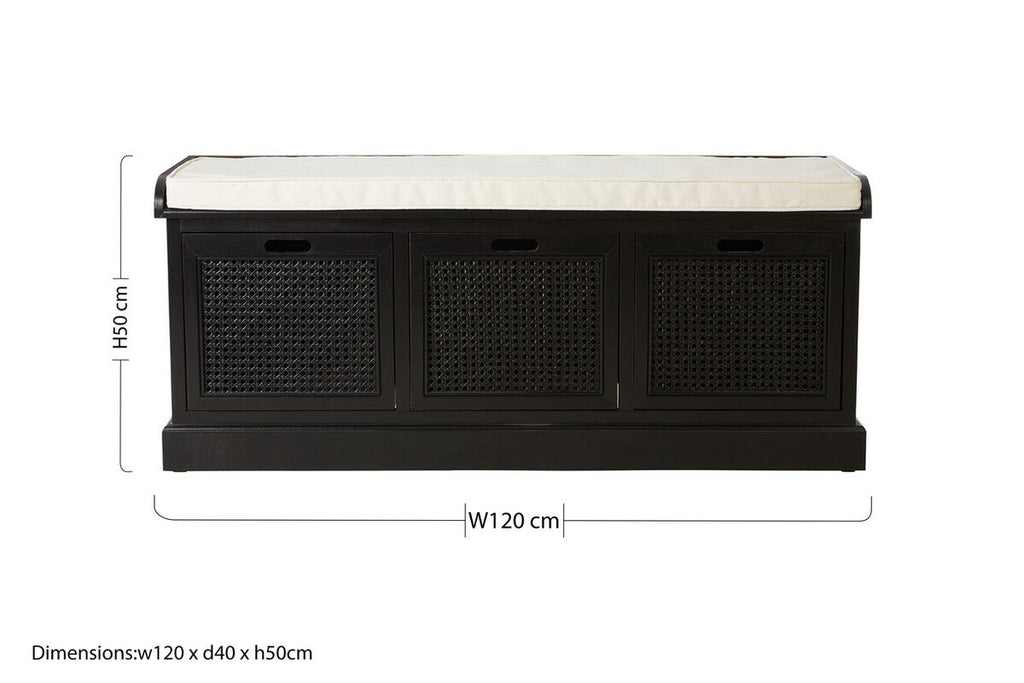 Orsina Heritage Black 3-Drawer Storage Bench with Cushioned Seat