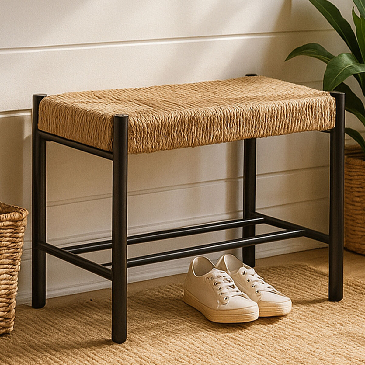 Orsina Bandar Small Bench – Natural Woven Rope and Black Beech Wood