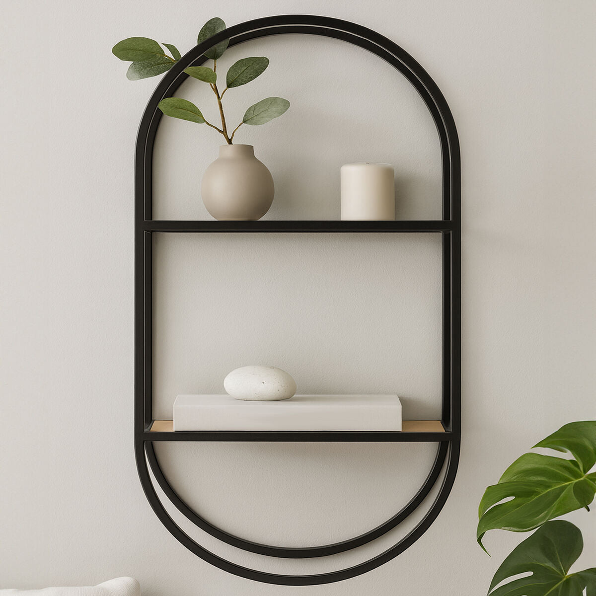 Orsina Mataram 2 Tier Wall Shelf – Modern Timber & Black Metal Display