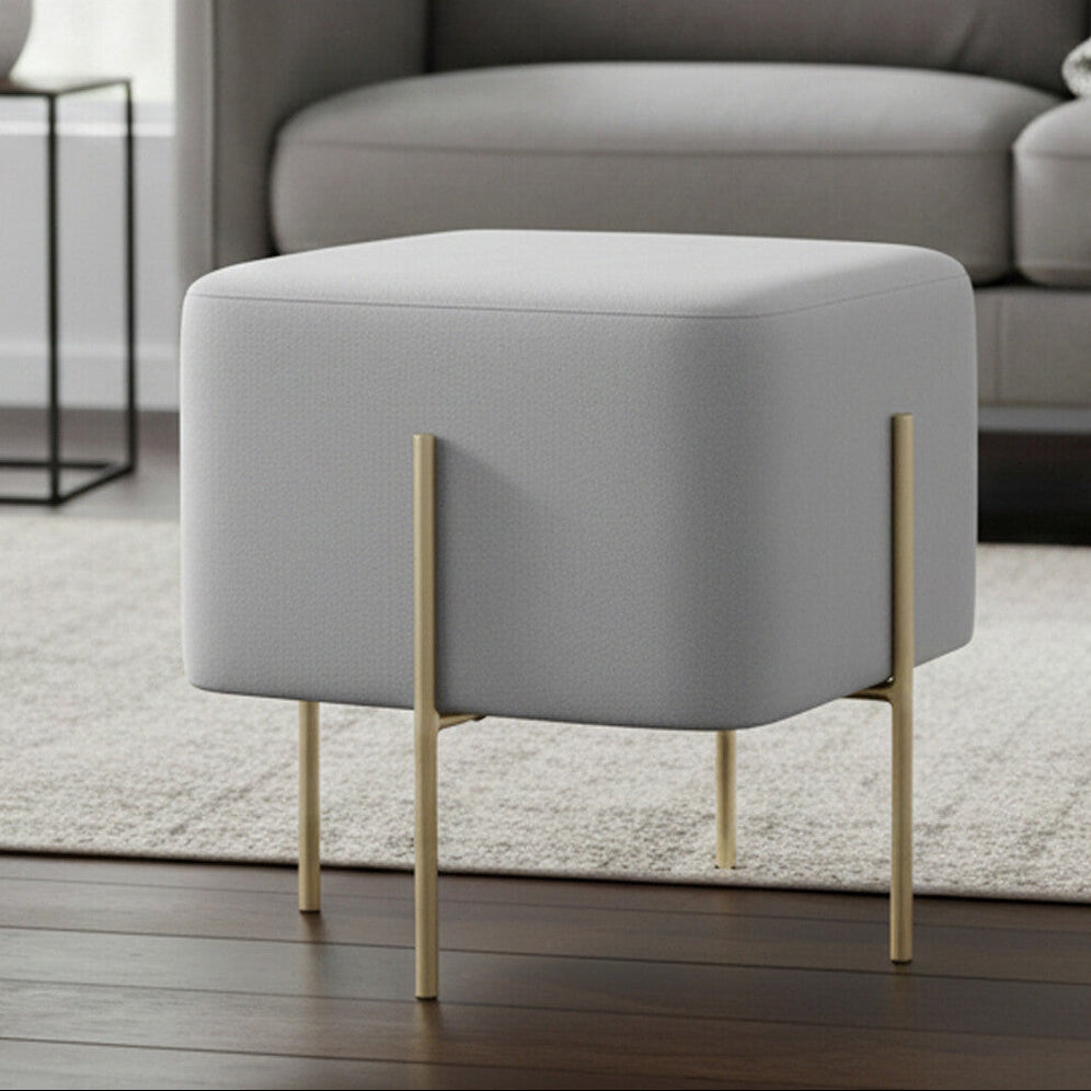 Orsina Hayes Square Grey Velvet Stool | Gold Metal Frame Ottoman