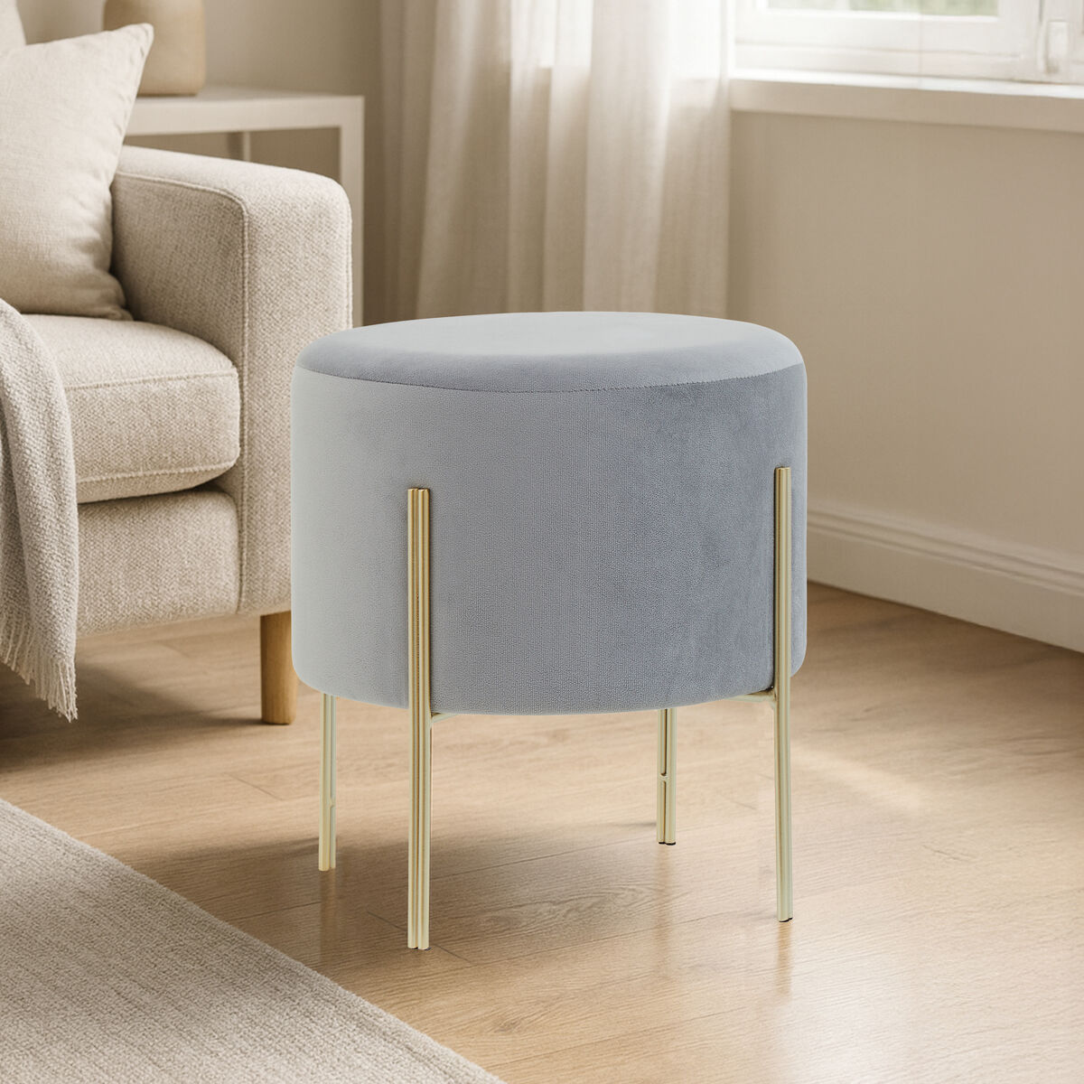 Orsina Hayes Round Grey Velvet Stool – Glam Vanity Ottoman Footrest