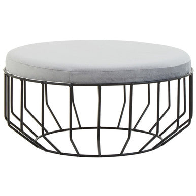 Orsina Hayes Round Grey Velvet Footstool | Black Metal Ottoman