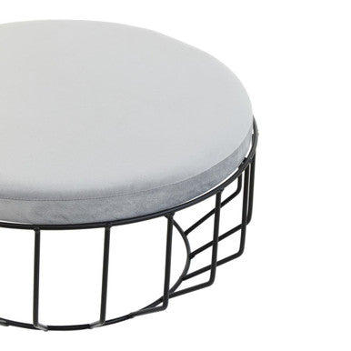 Orsina Hayes Round Grey Velvet Footstool | Black Metal Ottoman