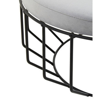 Orsina Hayes Round Grey Velvet Footstool | Black Metal Ottoman