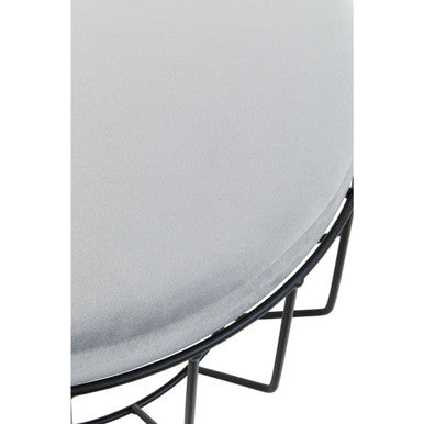Orsina Hayes Round Grey Velvet Footstool | Black Metal Ottoman