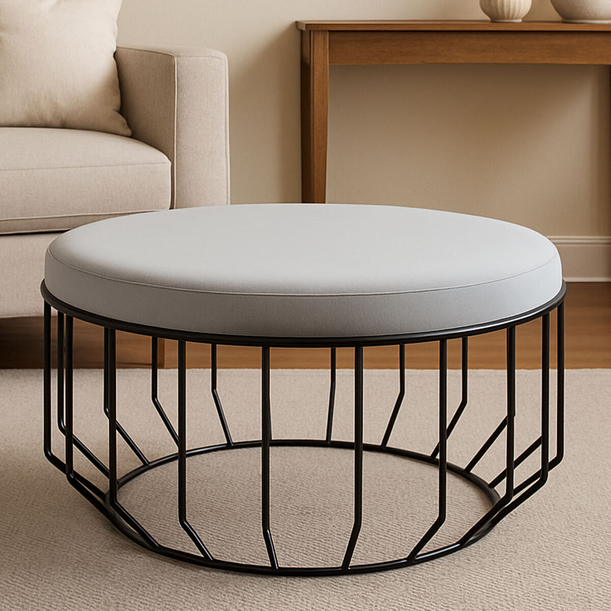 Orsina Hayes Round Grey Velvet Footstool | Black Metal Ottoman
