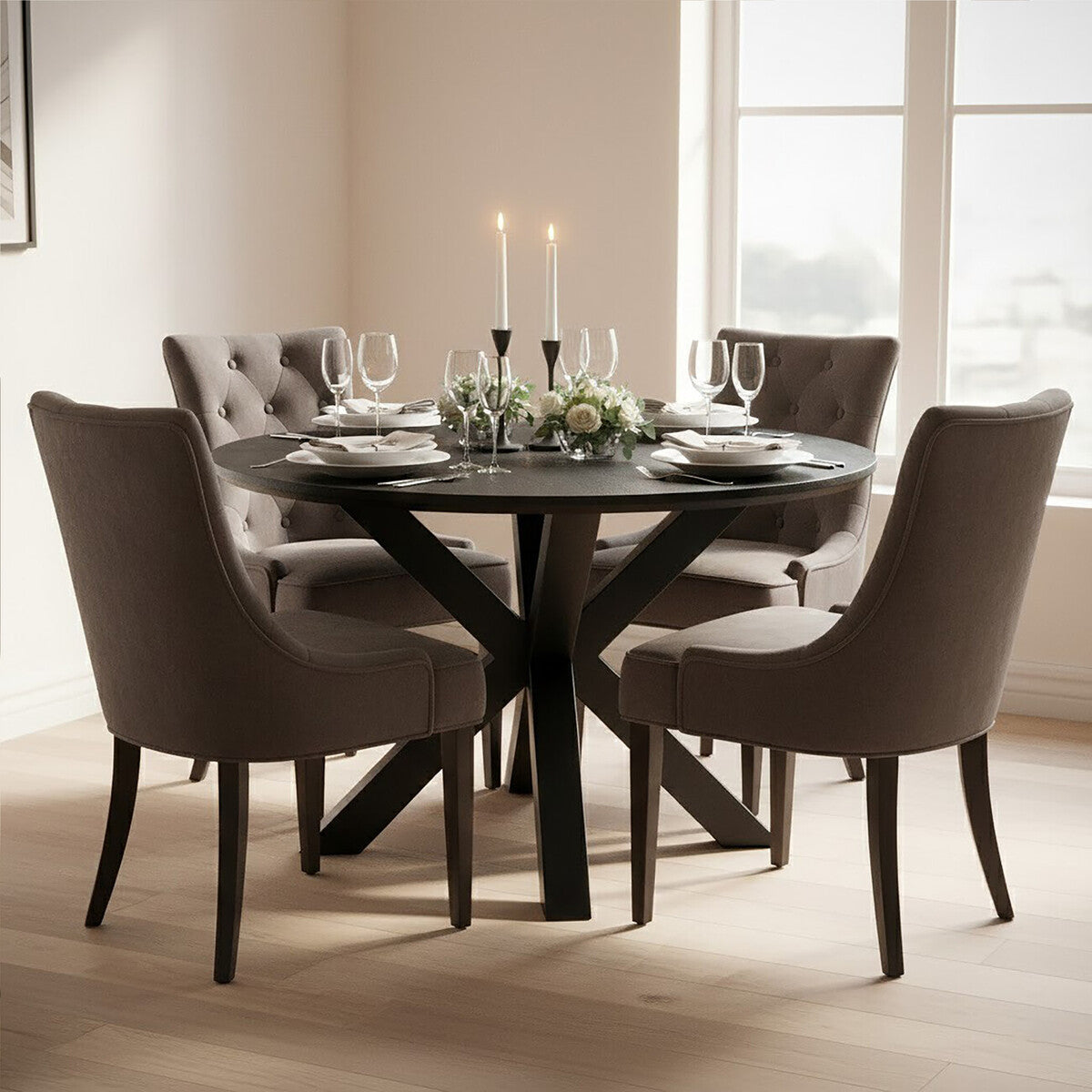 Orsina Salford Round Dining Table – Black Wood Veneer & Metal Legs
