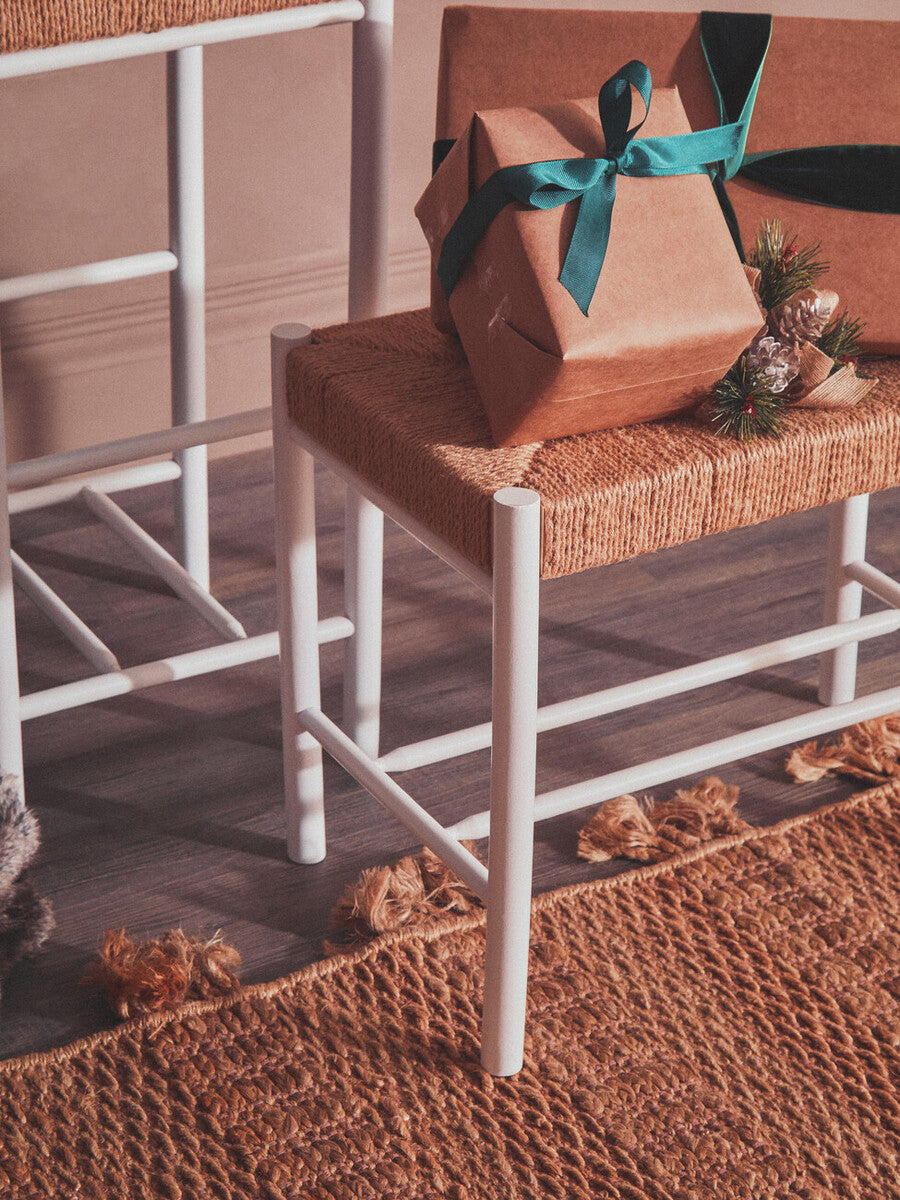 Orsina Bandar Small White Wood and Natural Rope Bench for Hallways