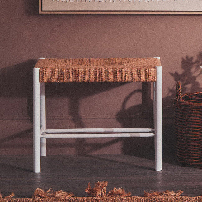 Orsina Bandar Small White Wood and Natural Rope Bench for Hallways
