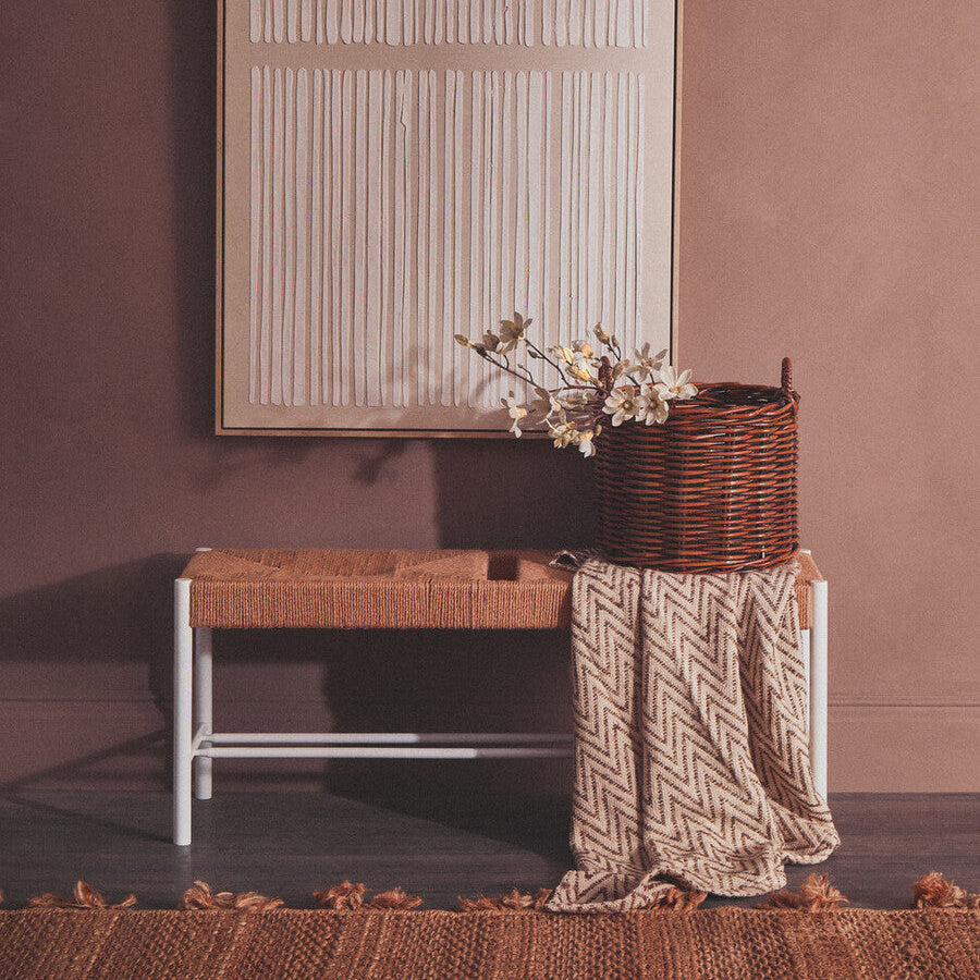 Orsina Bandar Large Coastal Entryway Bench | Natural Rope & White Wood
