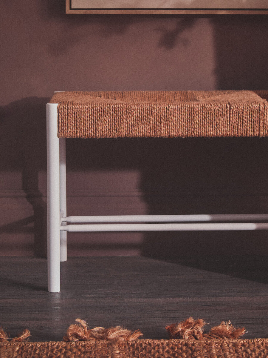 Orsina Bandar Large Coastal Entryway Bench | Natural Rope & White Wood