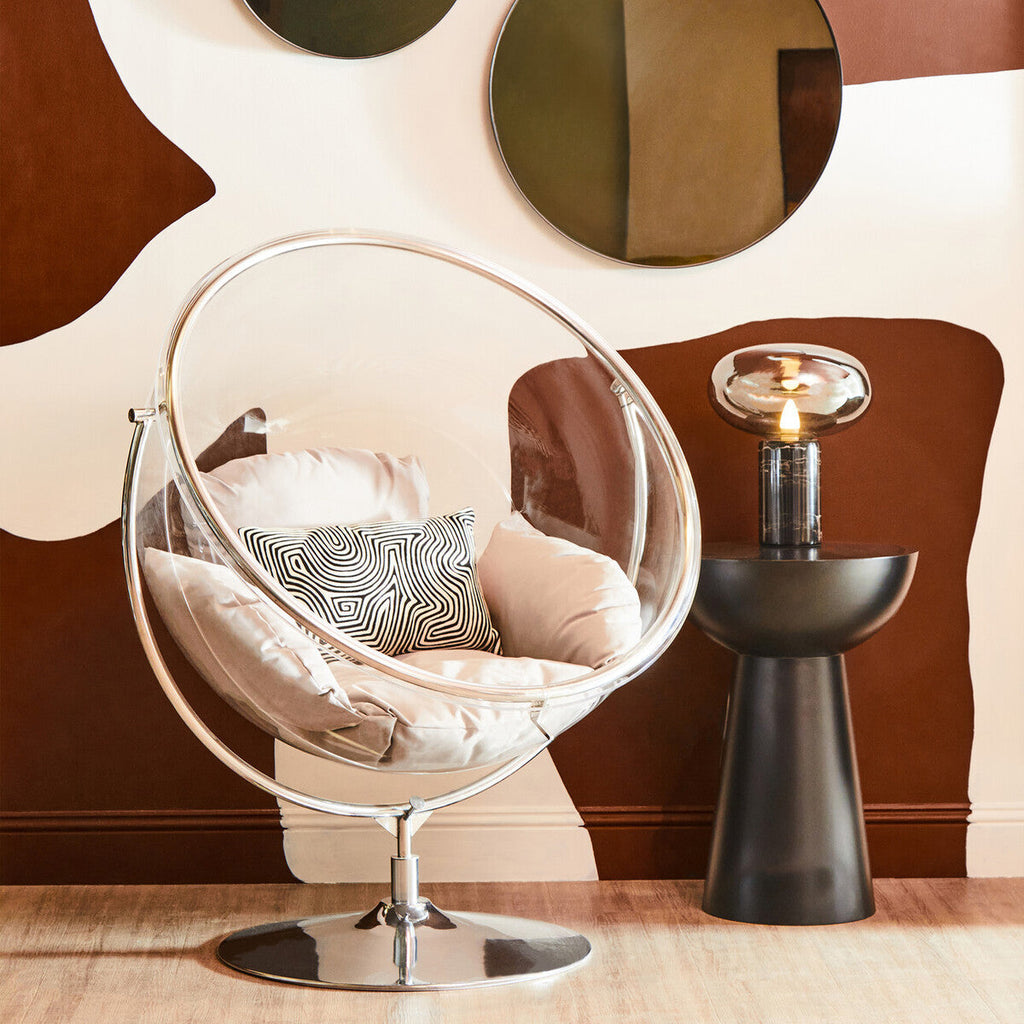 Orsina Goa Clear Swing Chair – Modern Acrylic Seat with Grey Cushions