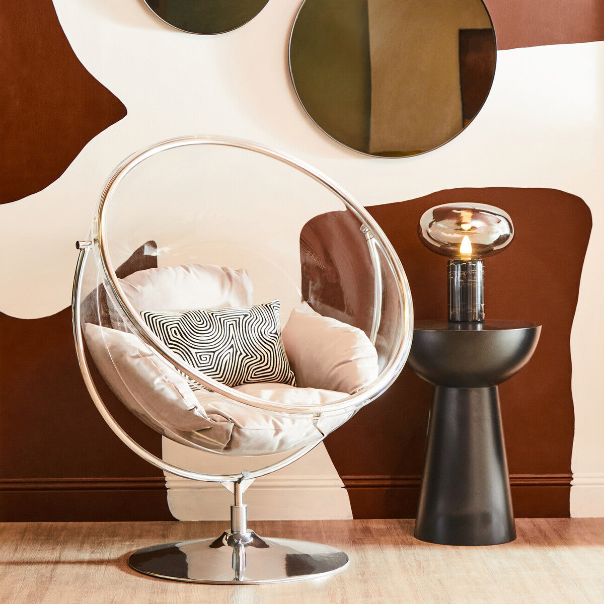 Orsina Goa Clear Swing Chair – Modern Acrylic Seat with Grey Cushions