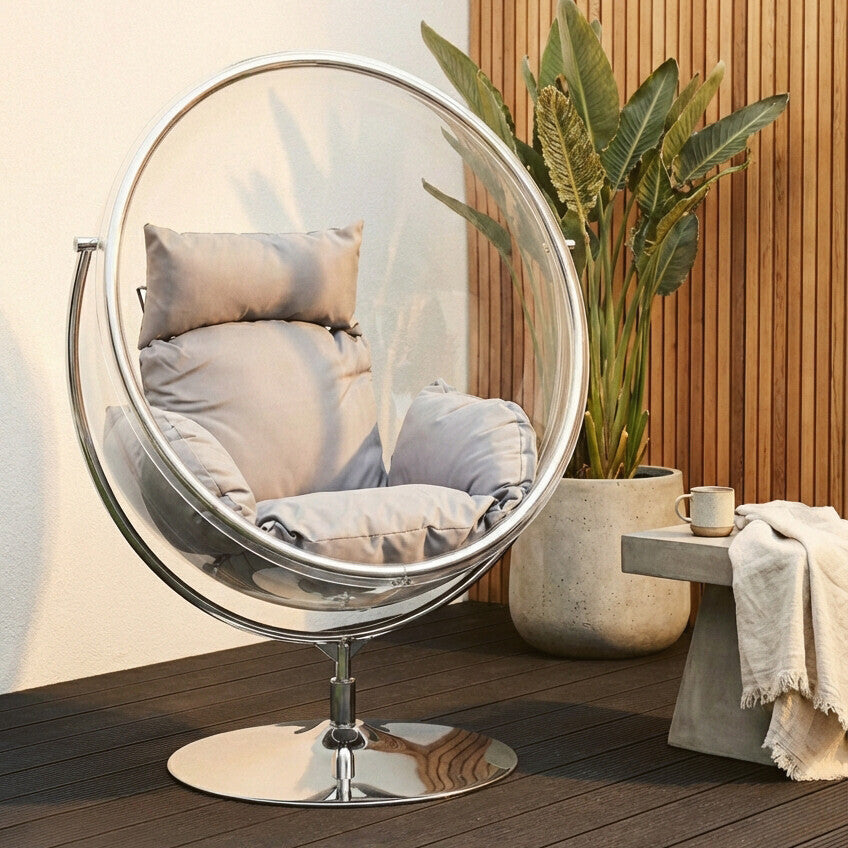 Orsina Goa Clear Swing Chair – Modern Acrylic Seat with Grey Cushions