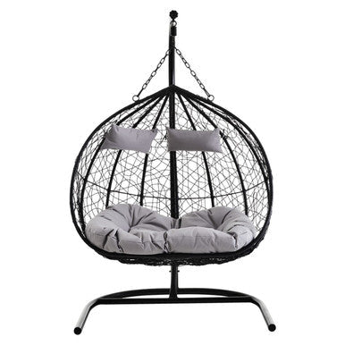 Orsina Goa Black Rattan Double Hanging Chair with Grey Cushions