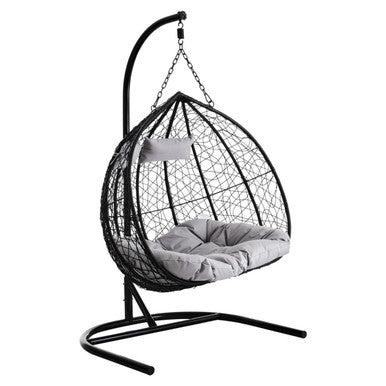 Orsina Goa Black Rattan Double Hanging Chair with Grey Cushions