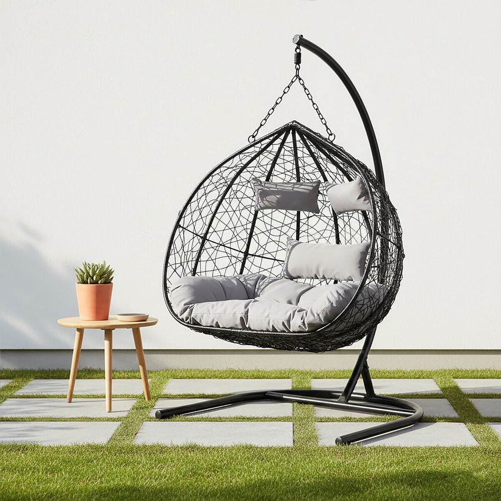 Orsina Goa Black Rattan Double Hanging Chair with Grey Cushions