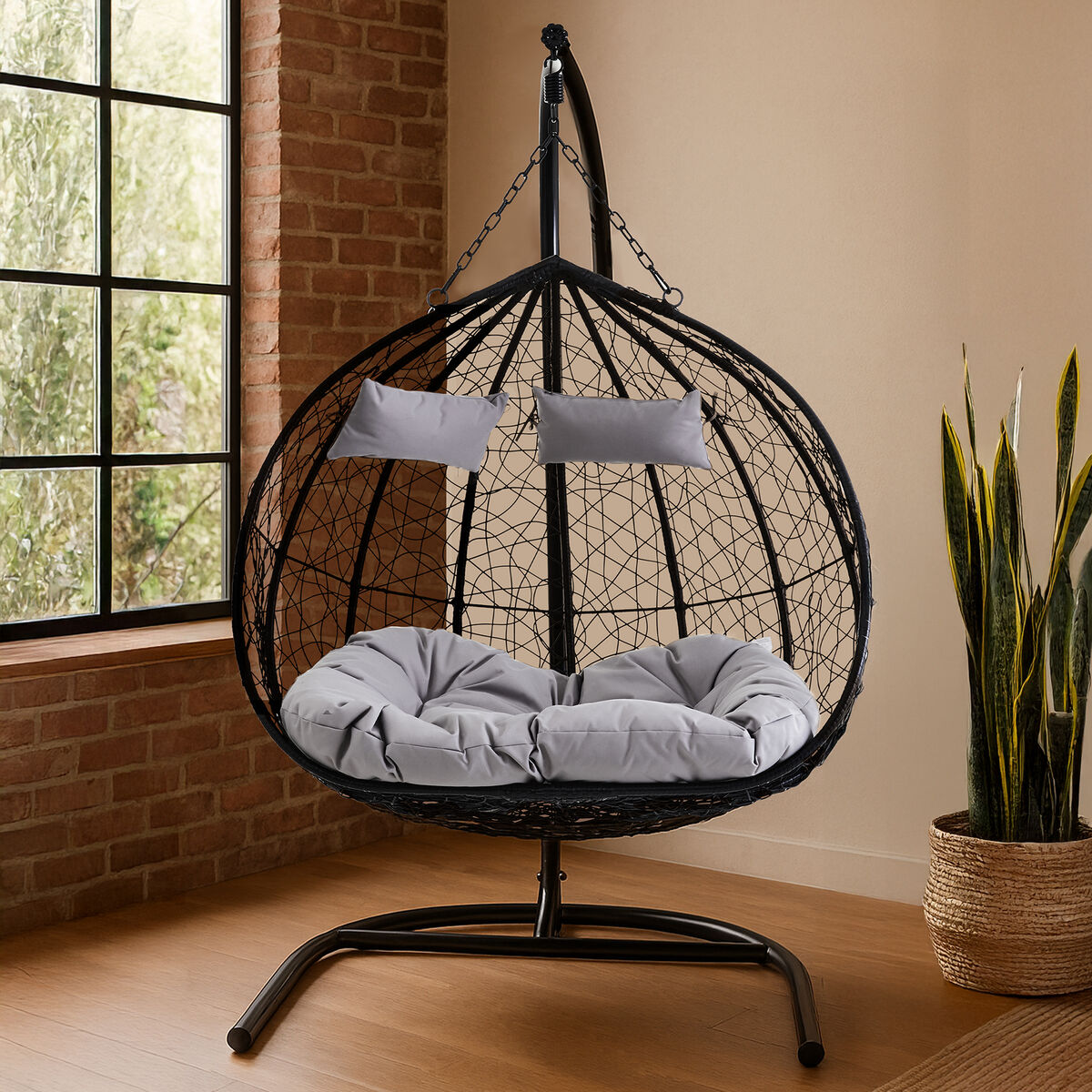 Orsina Goa Black Rattan Double Hanging Chair with Grey Cushions