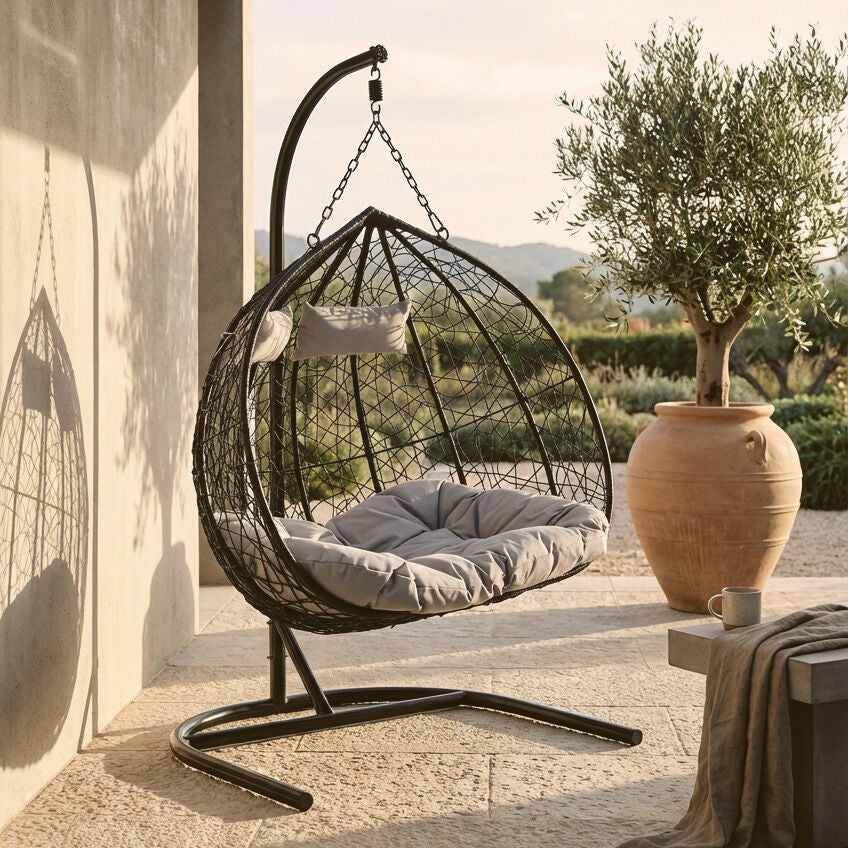 Orsina Goa Black Rattan Double Hanging Chair with Grey Cushions