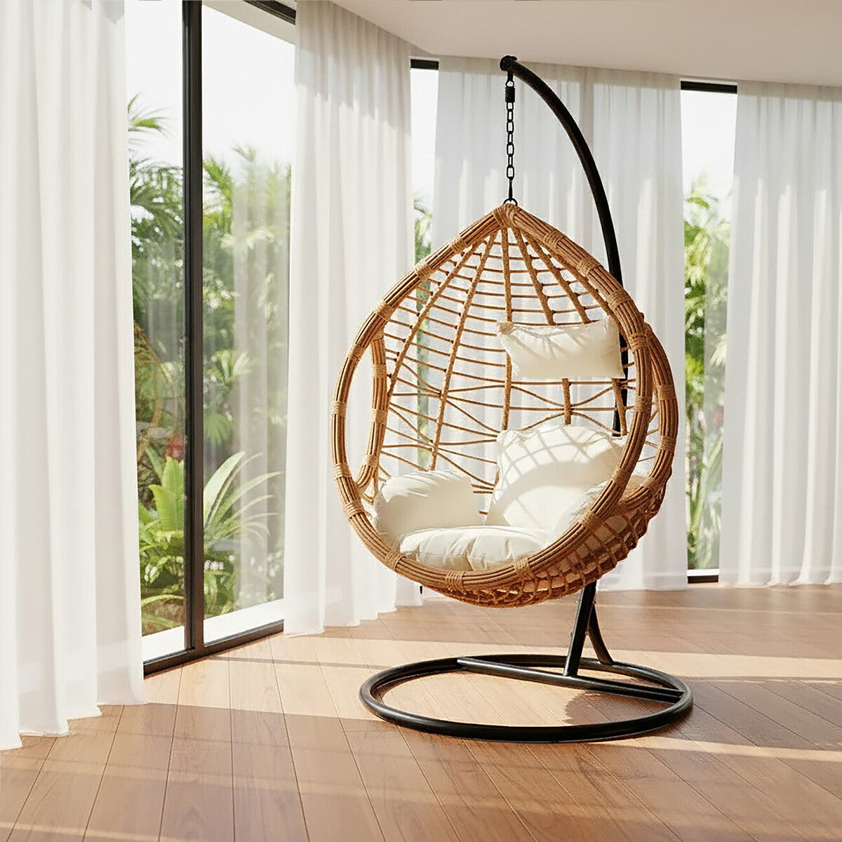 Orsina Goa Natural Rattan Effect Egg Hanging Chair with Cream Cushions