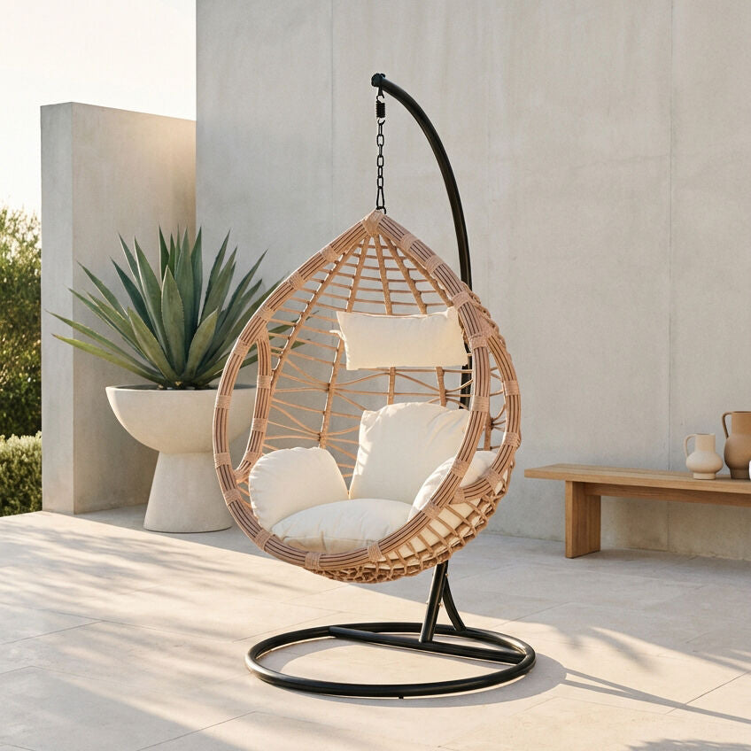 Orsina Goa Natural Rattan Effect Egg Hanging Chair with Cream Cushions