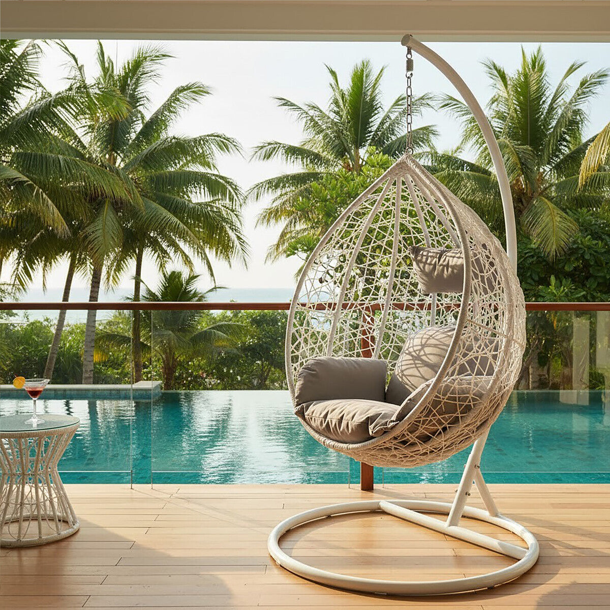 Orsina Goa White Rattan Effect Hanging Egg Chair with Grey Cushions