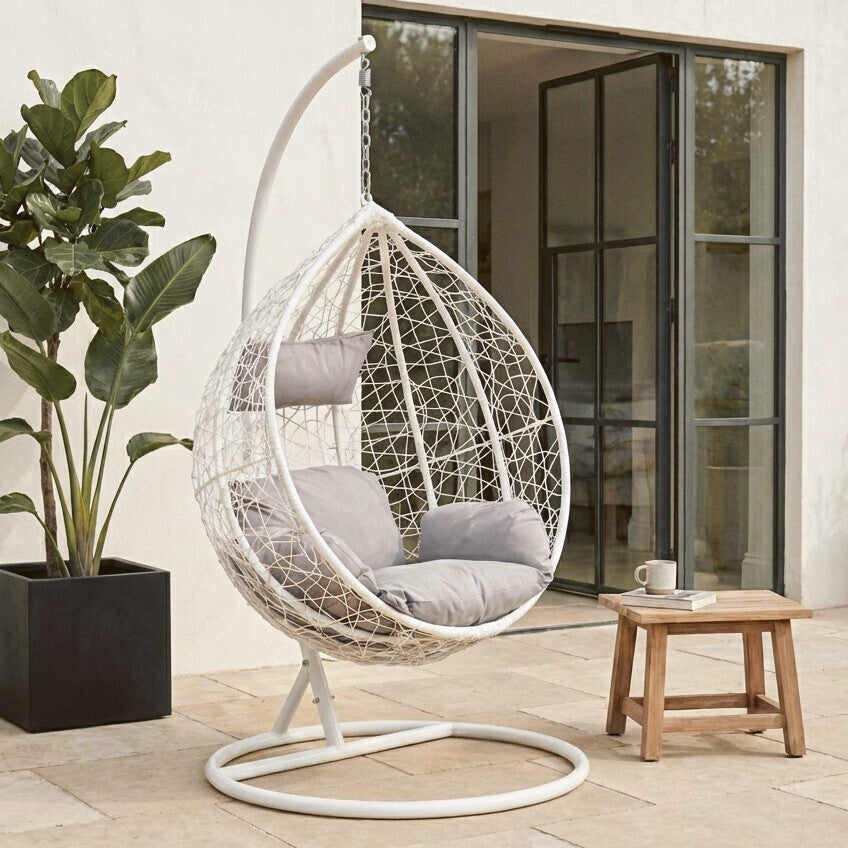 Orsina Goa White Rattan Effect Hanging Egg Chair with Grey Cushions