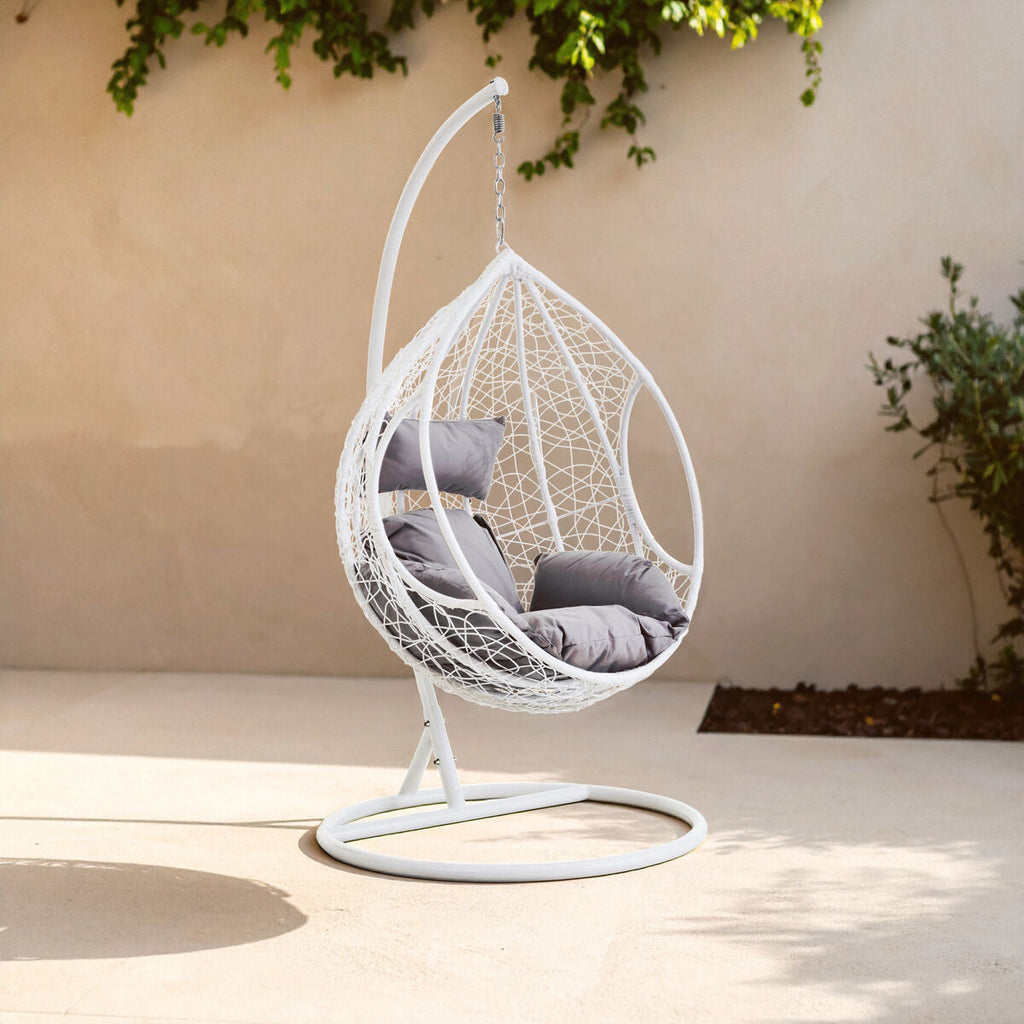 Orsina Goa White Rattan Egg Hanging Chair with Grey Cushions