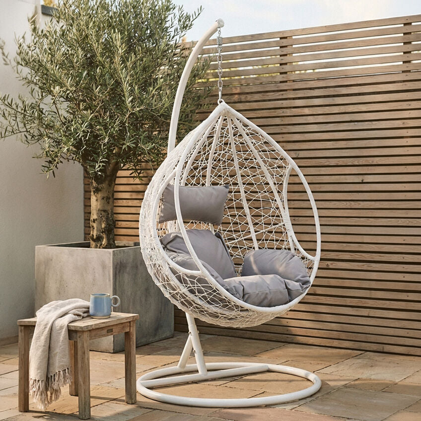 Orsina Goa White Rattan Egg Hanging Chair with Grey Cushions