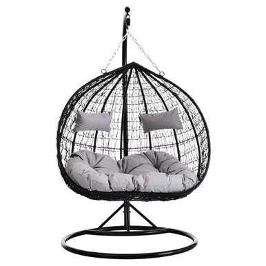 Orsina Goa Double Hanging Chair – Black Rattan with Grey Cushions