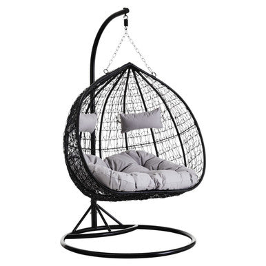 Orsina Goa Double Hanging Chair – Black Rattan with Grey Cushions