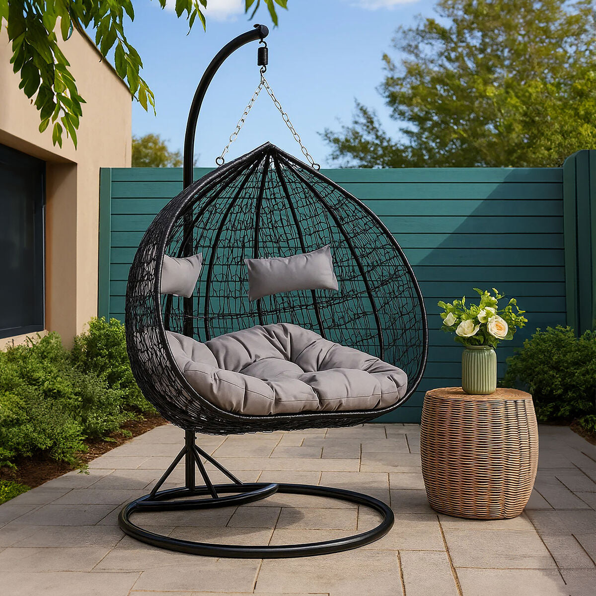 Orsina Goa Double Hanging Chair – Black Rattan with Grey Cushions
